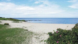 A beach with a sandy shore, grassy areas, and a clear view of the ocean.