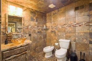 Hair dryer, bidet, towels, soap