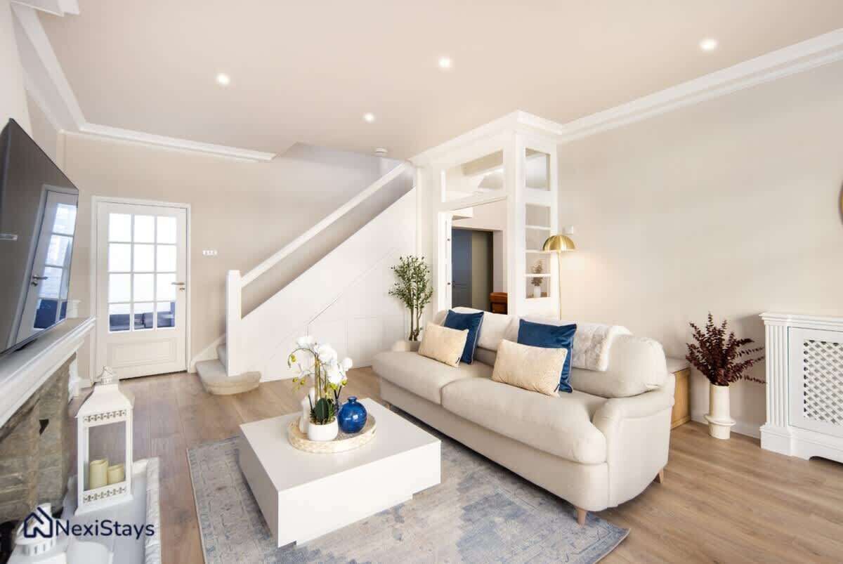 TV, fireplace, books