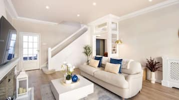 TV, fireplace, books