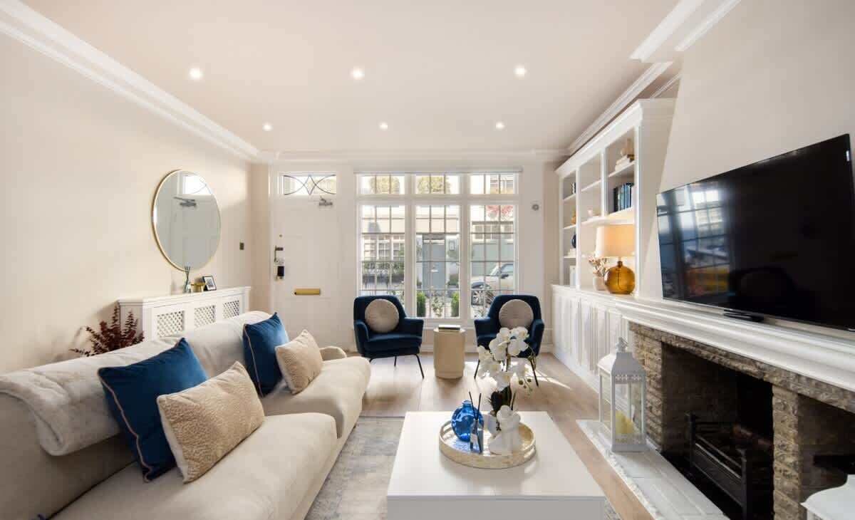 TV, fireplace, books