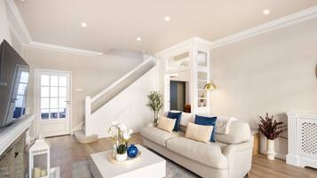 TV, fireplace, books