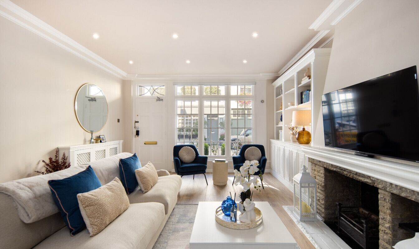 TV, fireplace, books