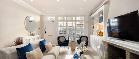 TV, fireplace, books