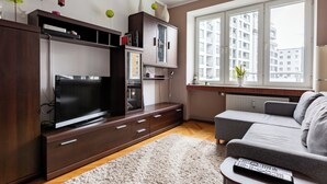 Een moderne woonkamer met een flatscreen televisie, donker houten meubels, een grijze bank en een groot raam met uitzicht op gebouwen.