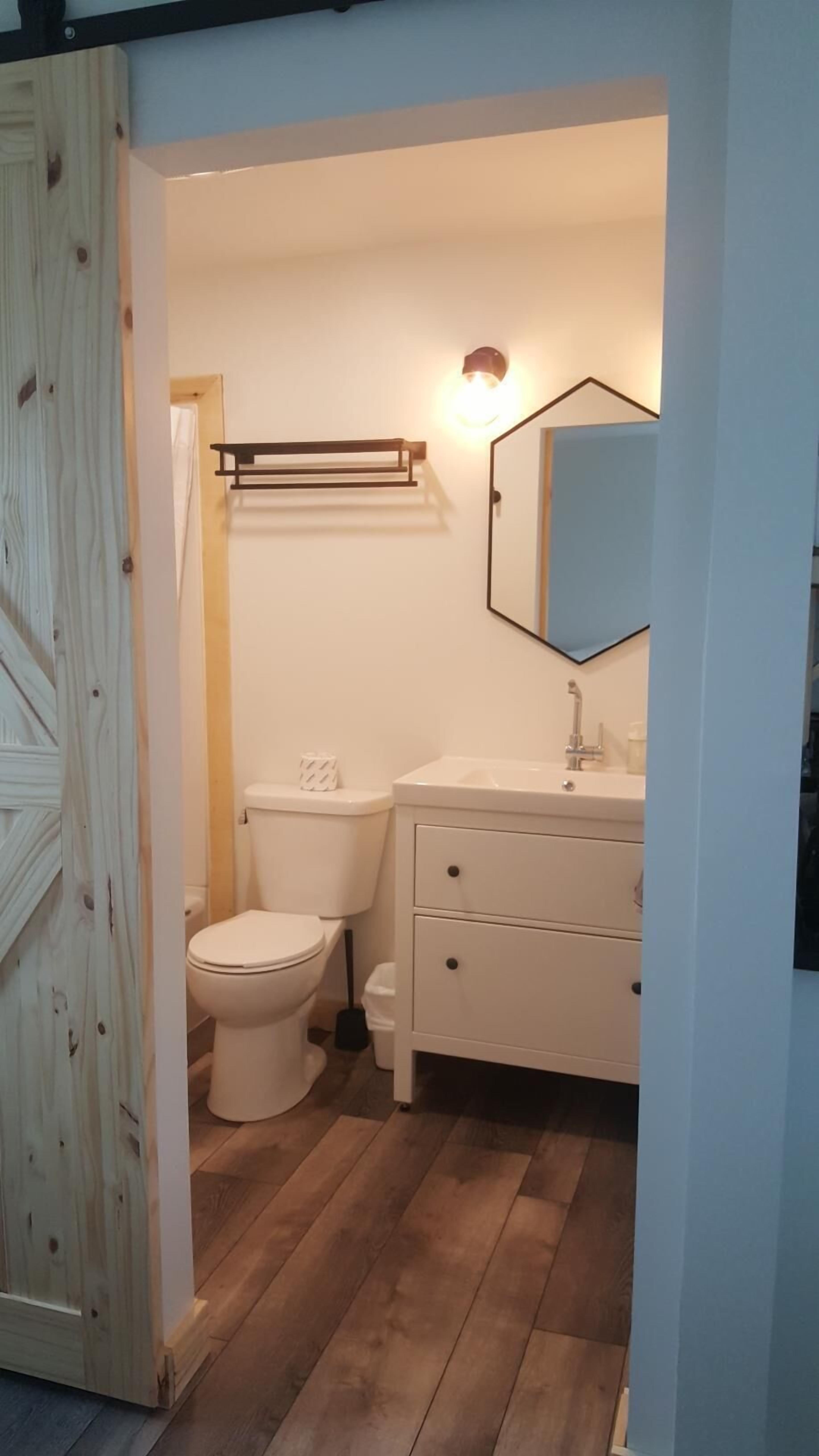 A bathroom with a toilet, sink, and mirror.