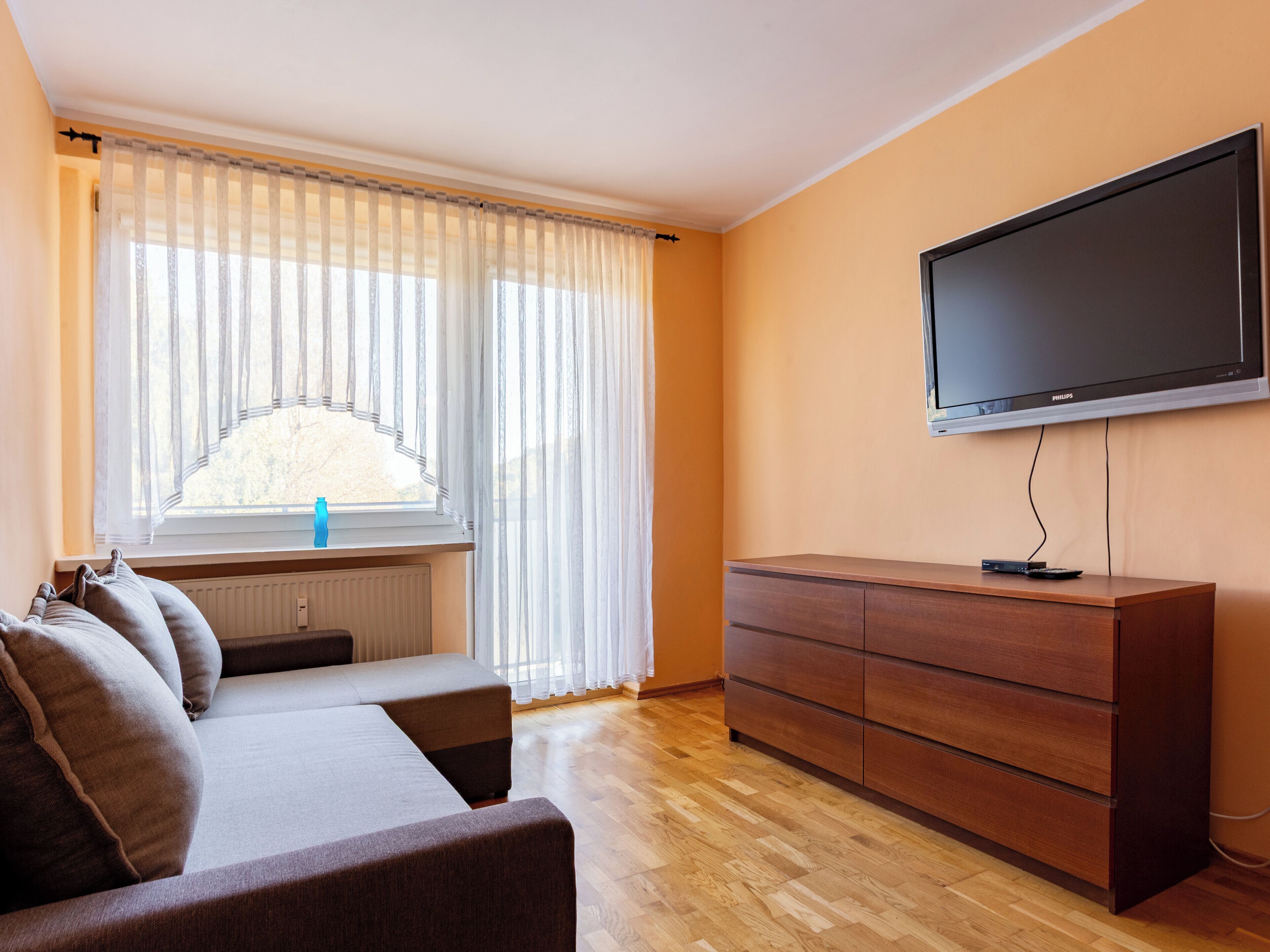 A modern living room with a sofa, a TV, and a wooden cabinet.