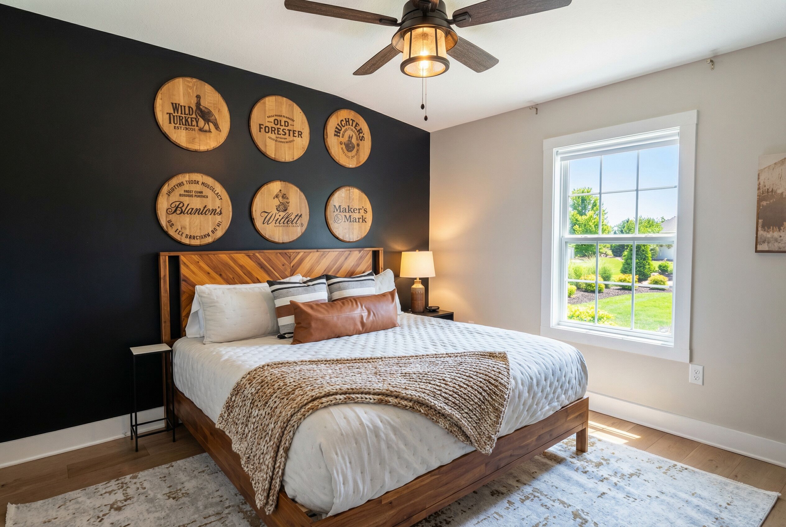 A bedroom with a wooden headboard, a large window, and wall decor.