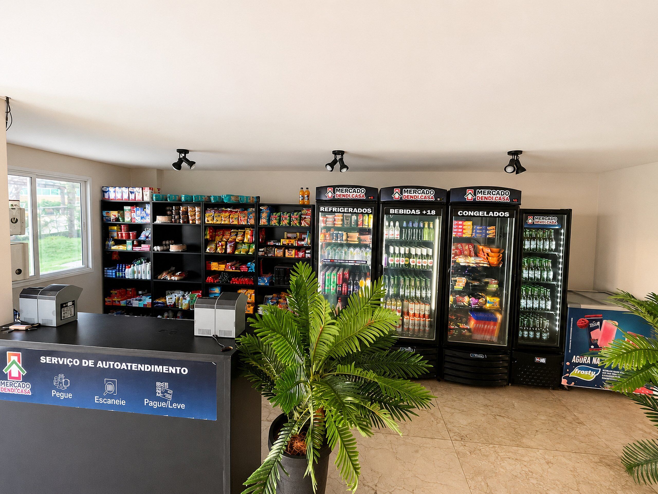 Zona de quioscos de autoservicio con secciones de alimentos refrigerados y congelados, un terminal de pago y una planta en maceta.