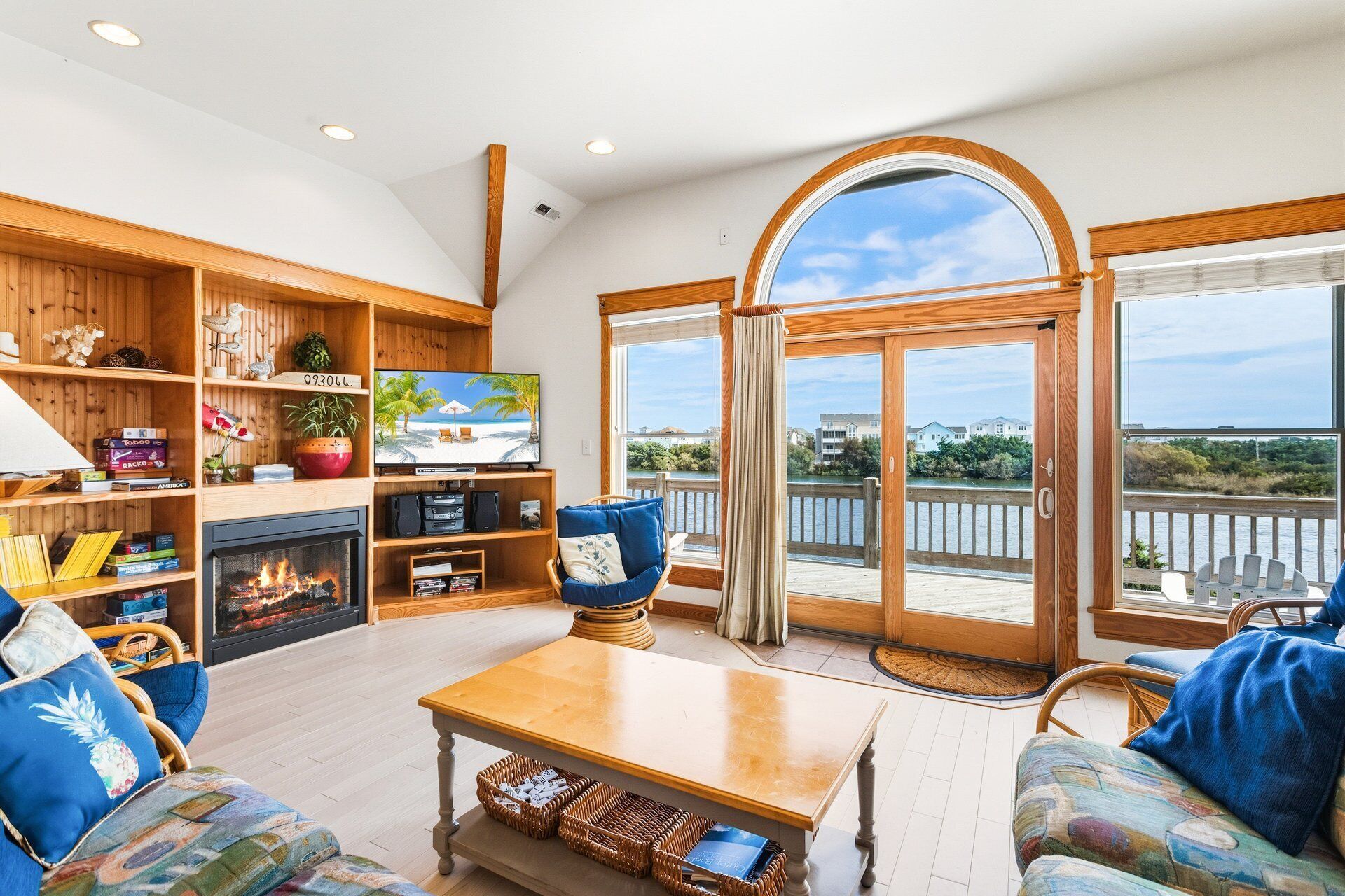 TV, fireplace, video games, books