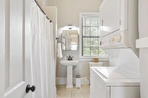 Hair dryer, towels, soap, shampoo