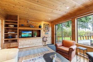 Smart-TV, peis, bøker og kontorer