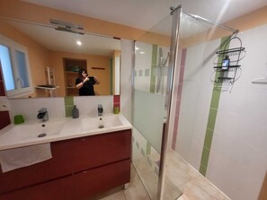 Regadera, secadora de cabello, toallas, papel de baño 