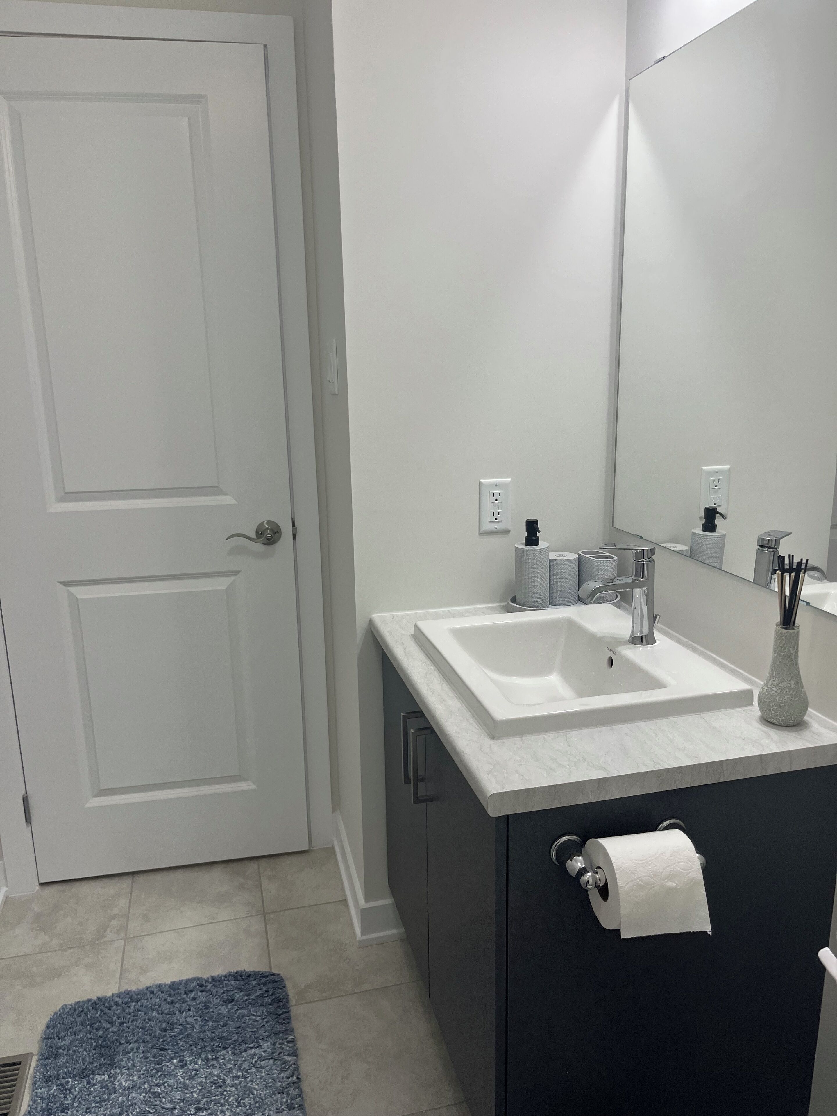 Secador de cabelo, toalhas de banho, sabonete, papel higiênico