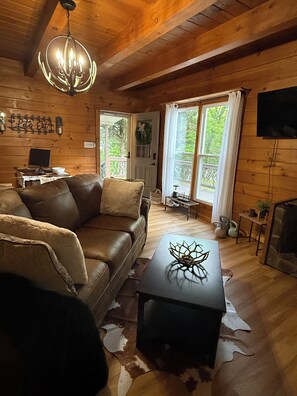 Smart TV, chimenea y libros 