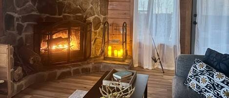 Smart TV, fireplace, books