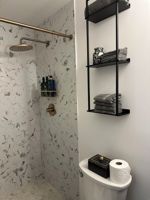 Shower, hair dryer, towels, soap
