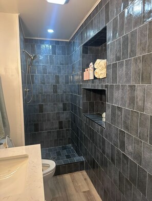 Douche, séchoir à cheveux, serviettes fournies, savon