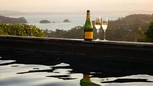 Una botella de champán y una copa en un balcón con vistas al agua y colinas.