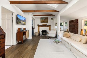 TV, fireplace, books