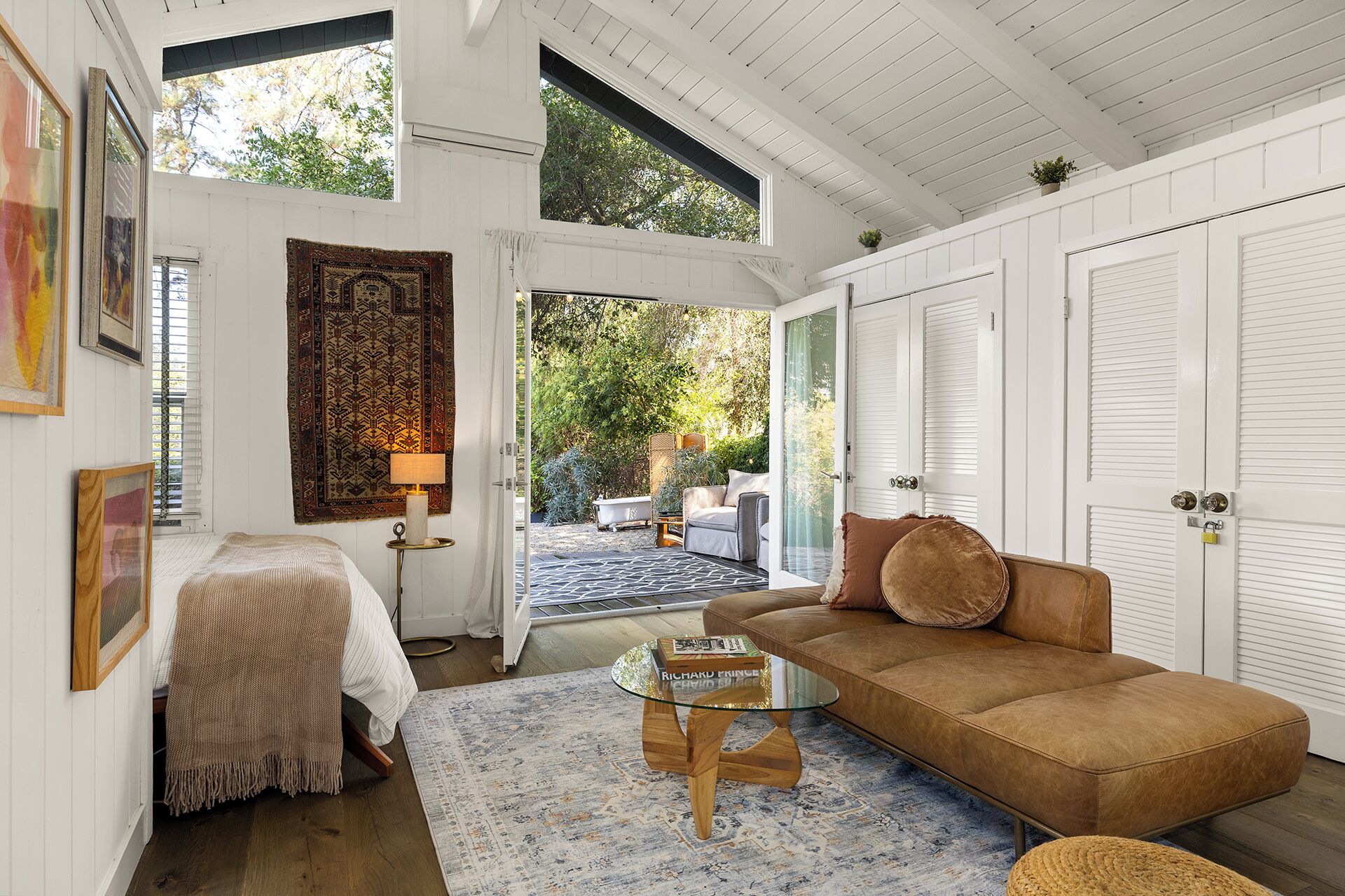 TV, fireplace, books