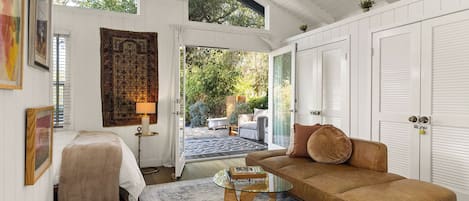 TV, fireplace, books