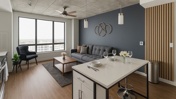 Een moderne woonkamer met een grijze bank, een eettafel gedekt met borden en glazen, een plafondventilator en een groot raam met uitzicht op de stad.