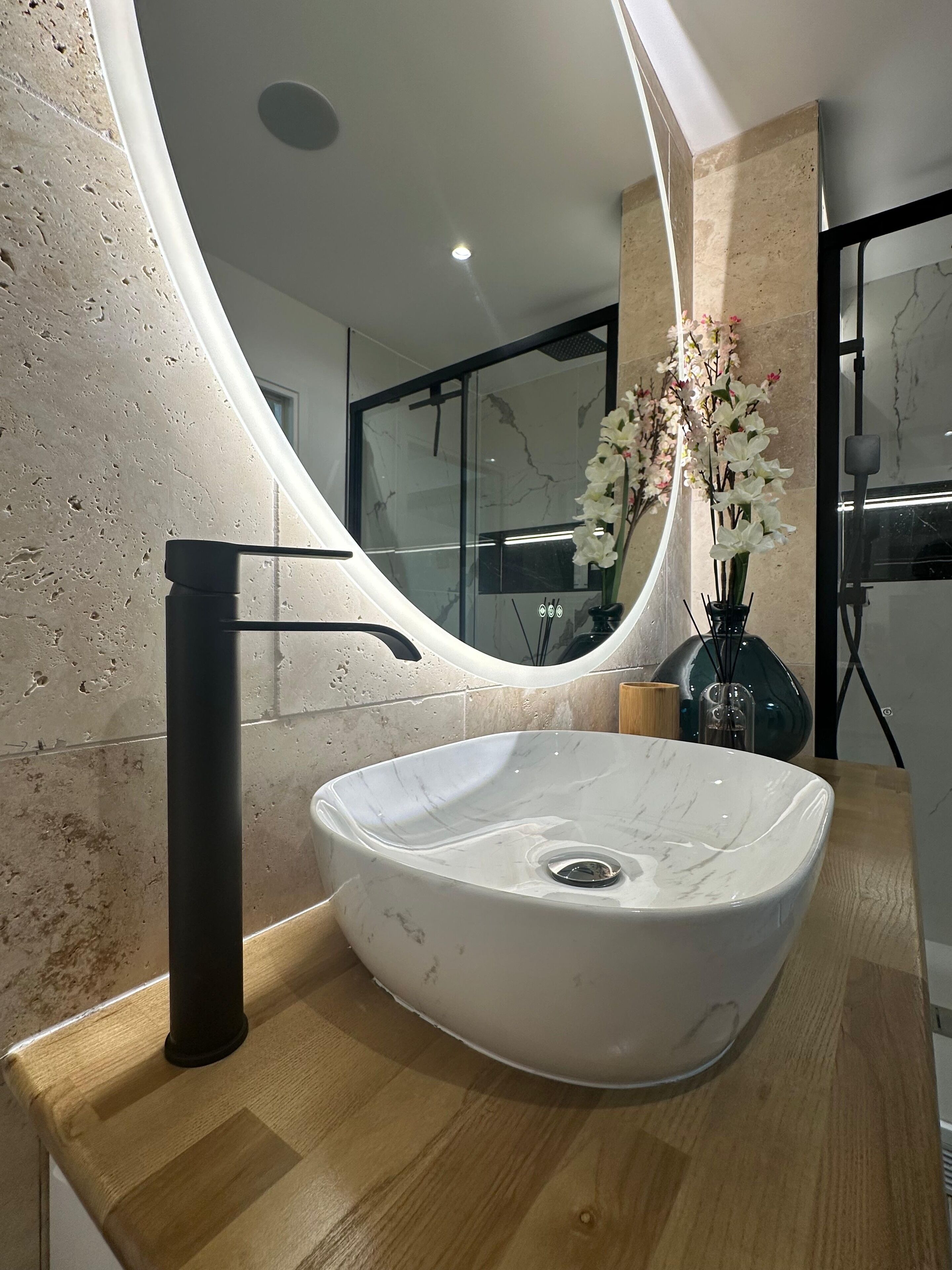 Hair dryer, towels, soap, toilet paper