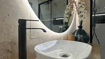 Hair dryer, towels, soap, toilet paper