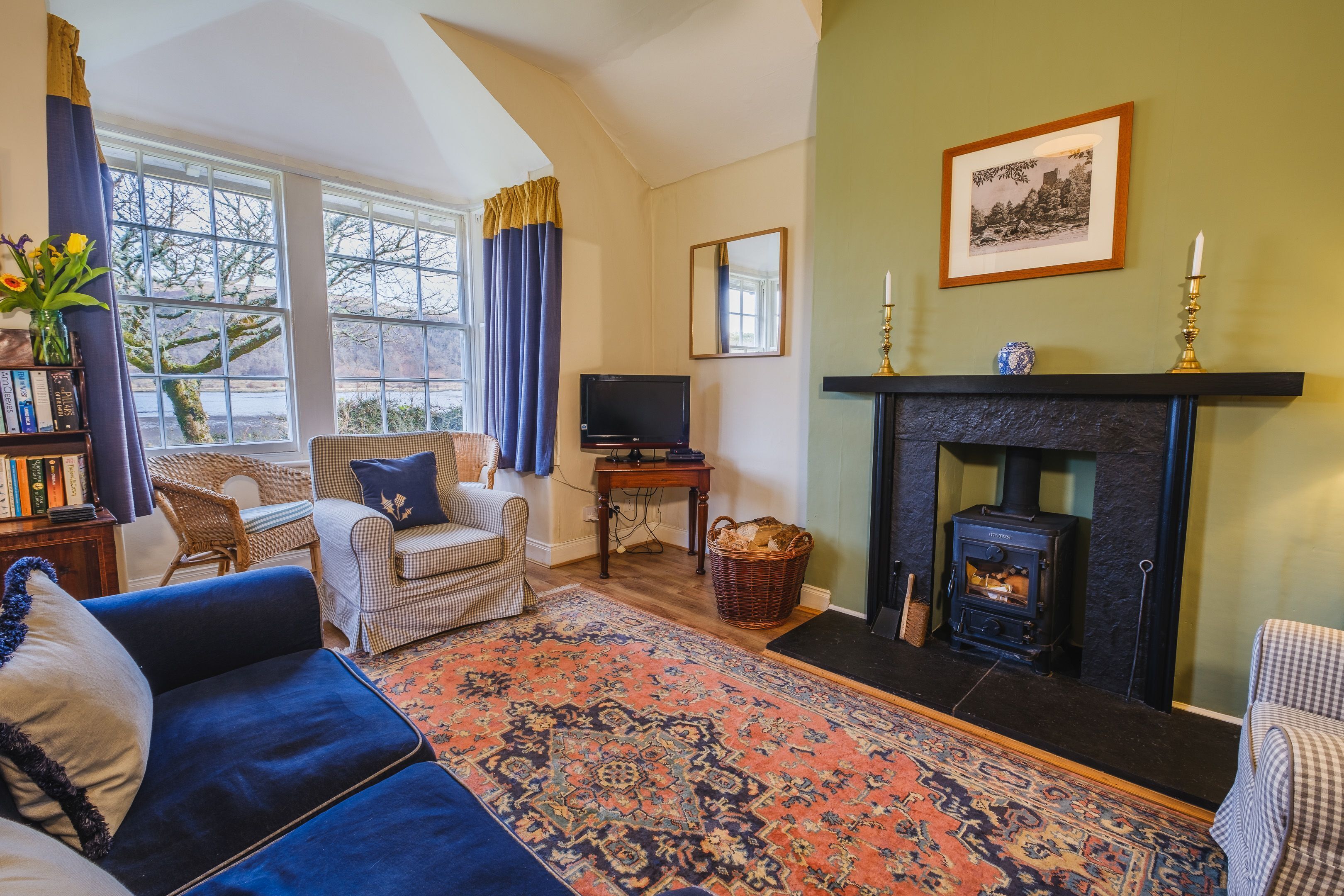 A cozy living room with a fireplace, a television, and a bookshelf.