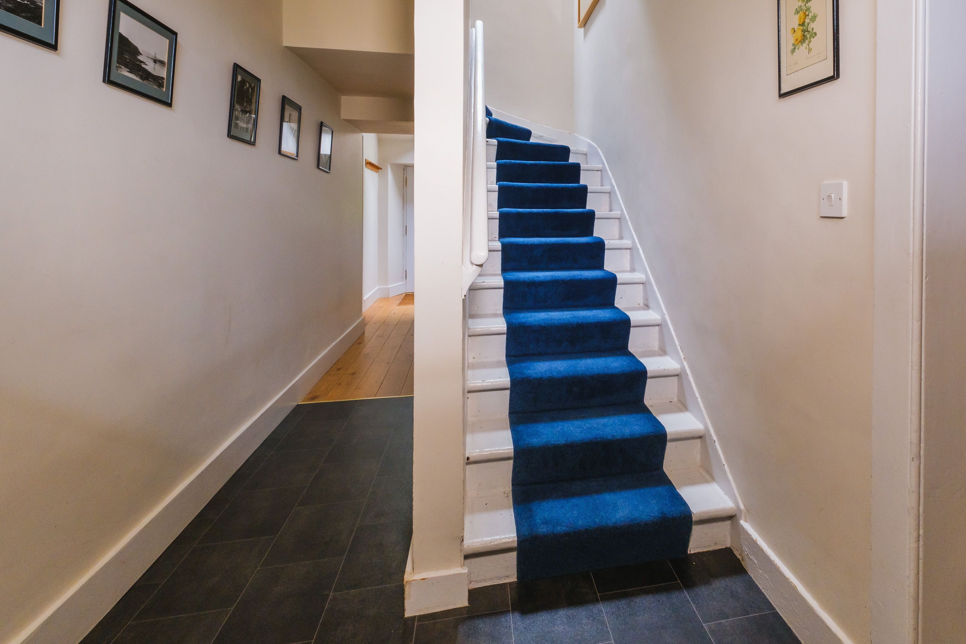 A staircase with blue carpeted steps leading to a landing.