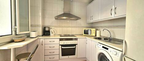 Fridge, microwave, oven, toaster