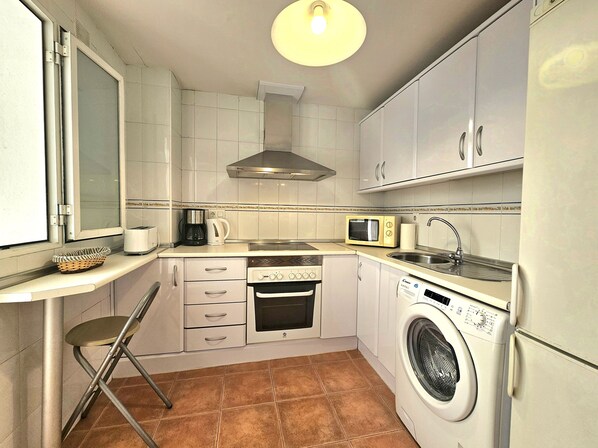 Fridge, microwave, oven, toaster