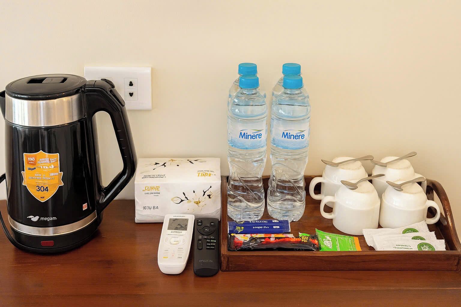 A table with a coffee maker, two water bottles, a box of tea, a remote control, a smartphone, and a tray with cups and sugar packets.