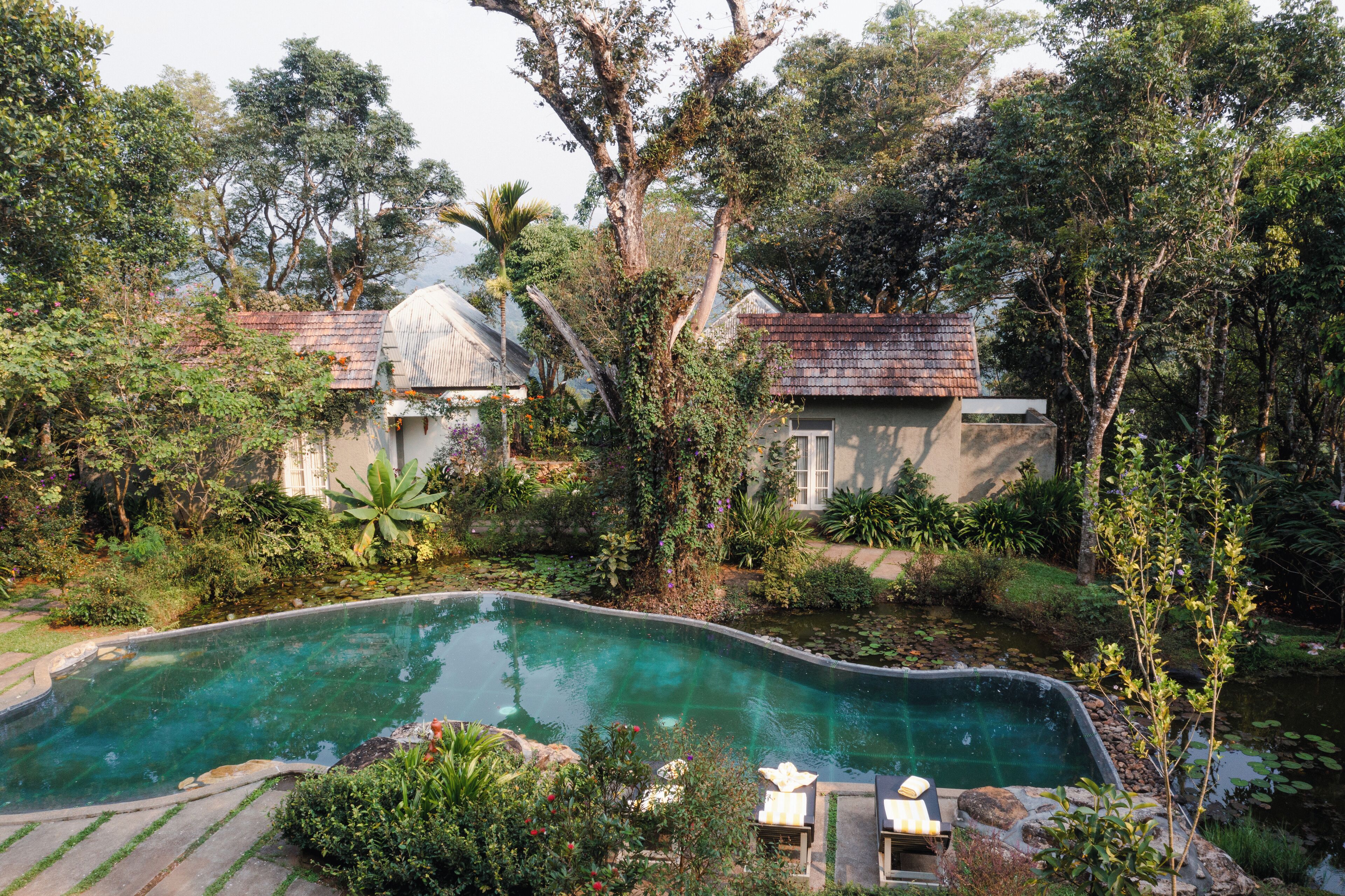 A swimming pool surrounded by lush greenery and two small buildings with tiled roofs.