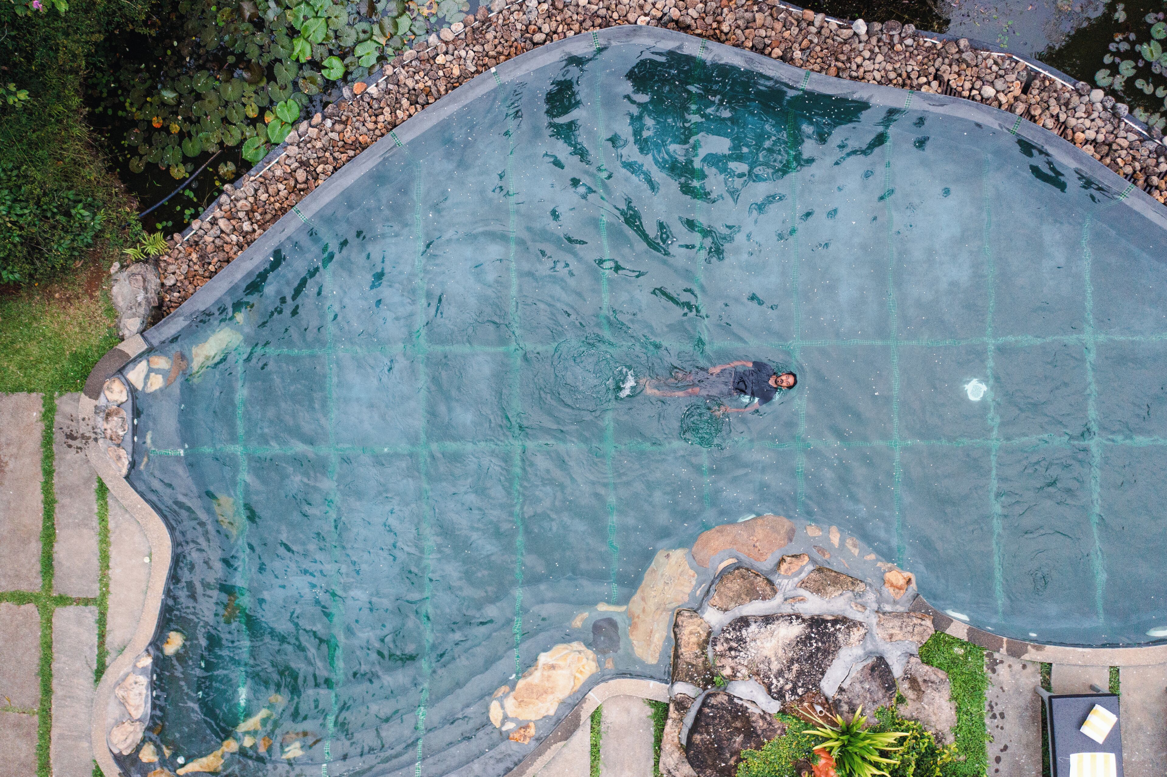 An aerial view of a swimming pool with clear water, surrounded by a pebble border and a stone edge.