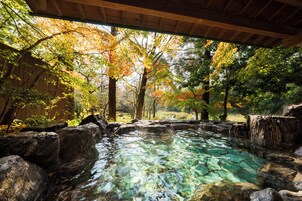Piscina exterior cristalina rodeada de rocas y árboles con follaje otoñal.