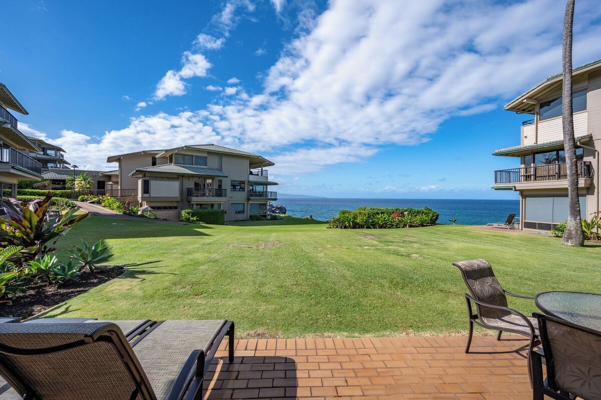 A residential area with a grassy lawn, outdoor seating, and a view of the ocean.