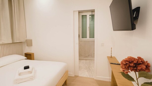 Ein Hotelzimmer mit Bett, Nachttisch, Fernseher und einer Topfpflanze.