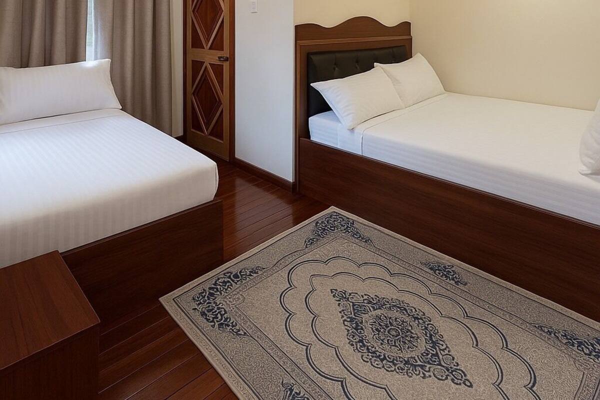 A hotel room with two beds, a wooden headboard, a patterned rug, and a door with a geometric design.