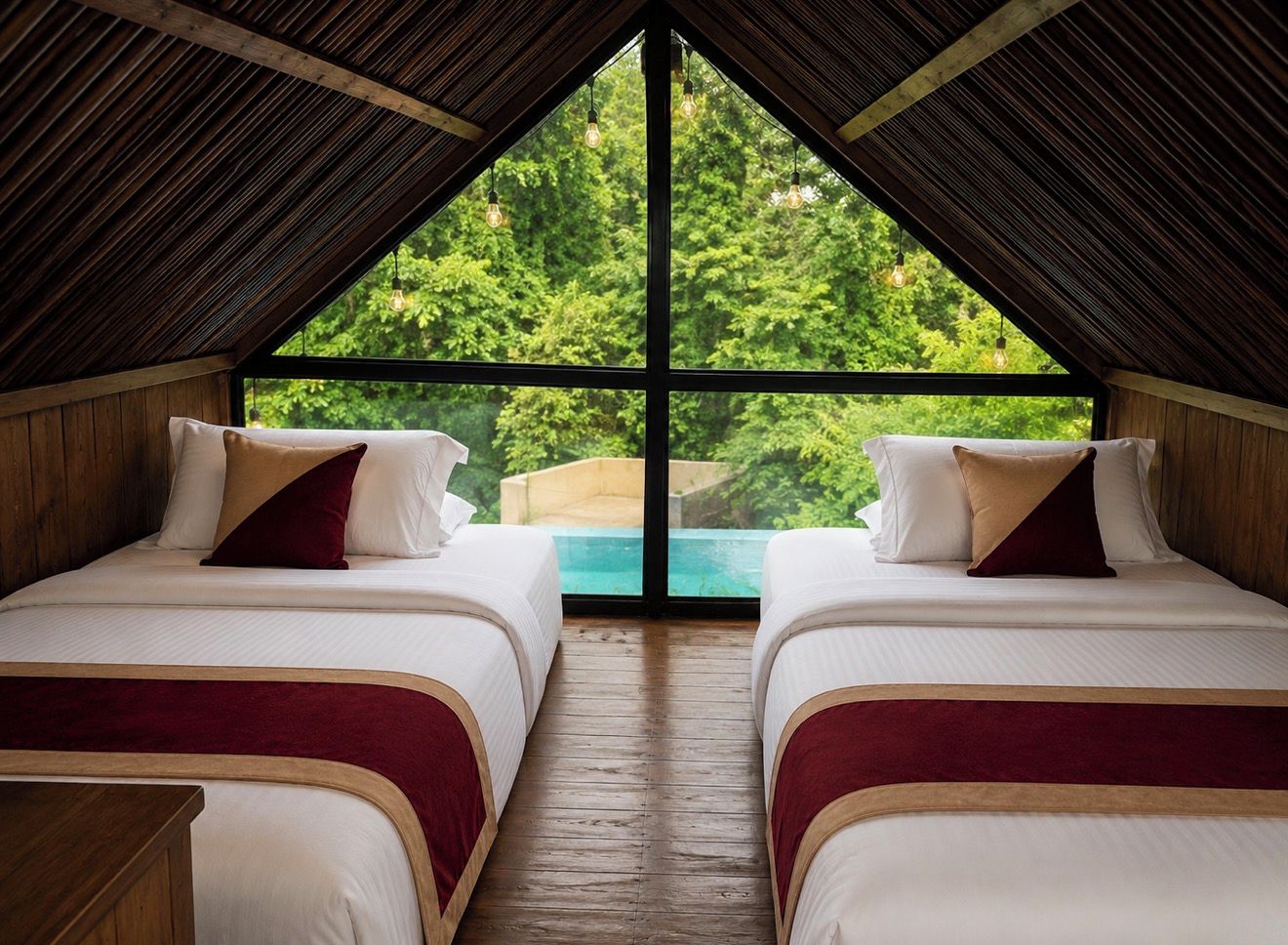 A room with two beds, wooden flooring, and a large window overlooking a green landscape.