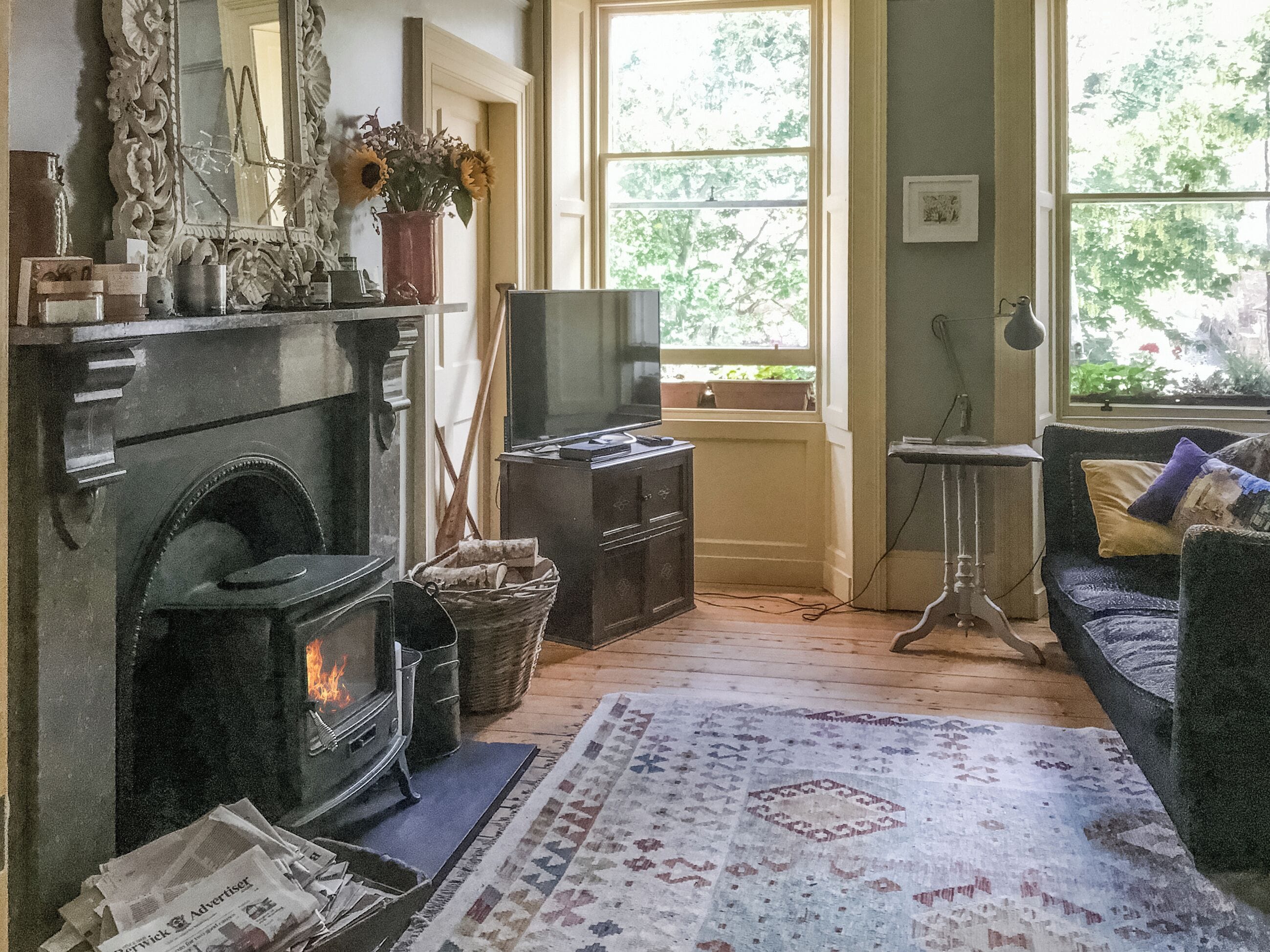 TV, fireplace