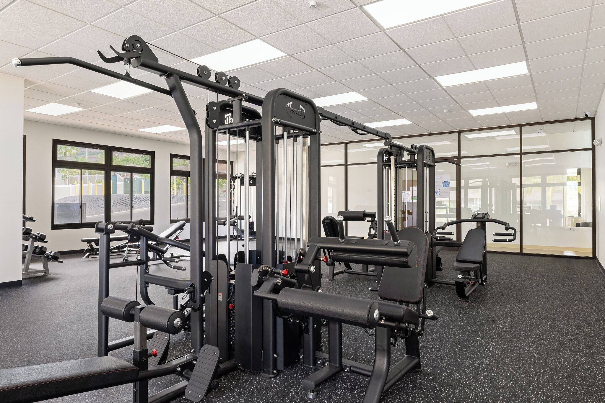 A gym with various exercise machines, a bench, and a mirrored wall.