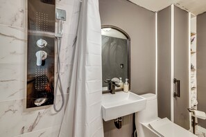 A modern bathroom with a shower, sink, and toilet. - Accessible Home w/ Yard: 1 MI to Pere Marquette (Baldwin)
