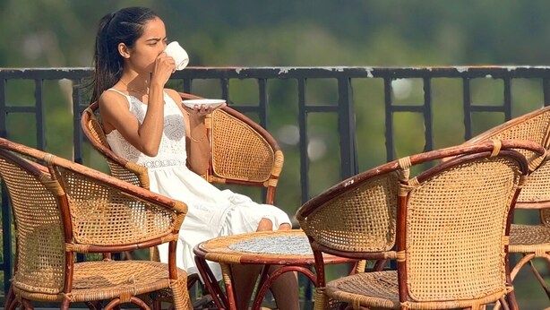 A person sitting on wicker chairs at a table with a view of green hills in the background. - Vilona Inn (Nuwara Eliya)