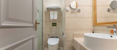 A modern bathroom with a toilet, sink, and mirror.