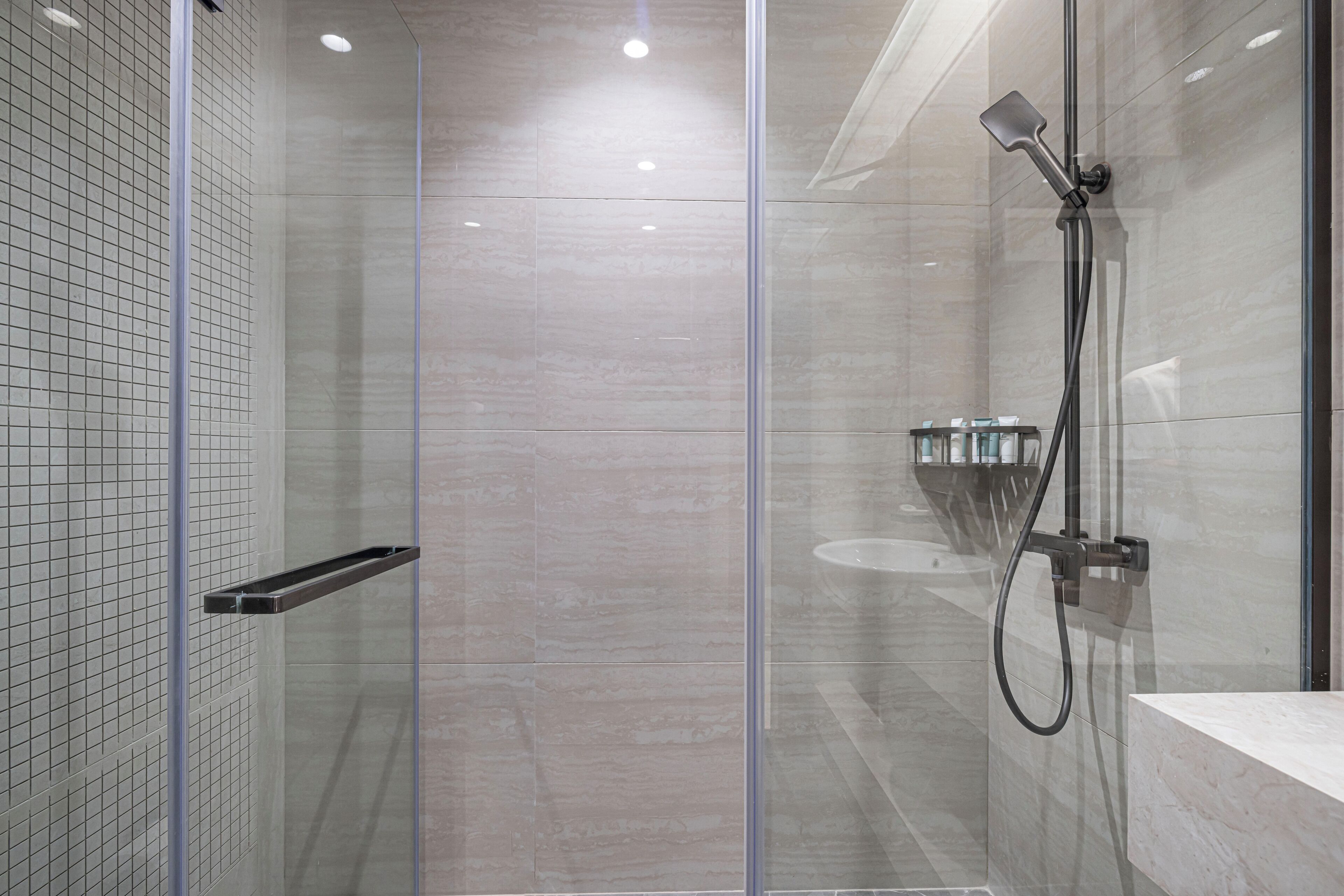 A modern shower area with a glass door, a handheld showerhead, and a wall-mounted faucet.