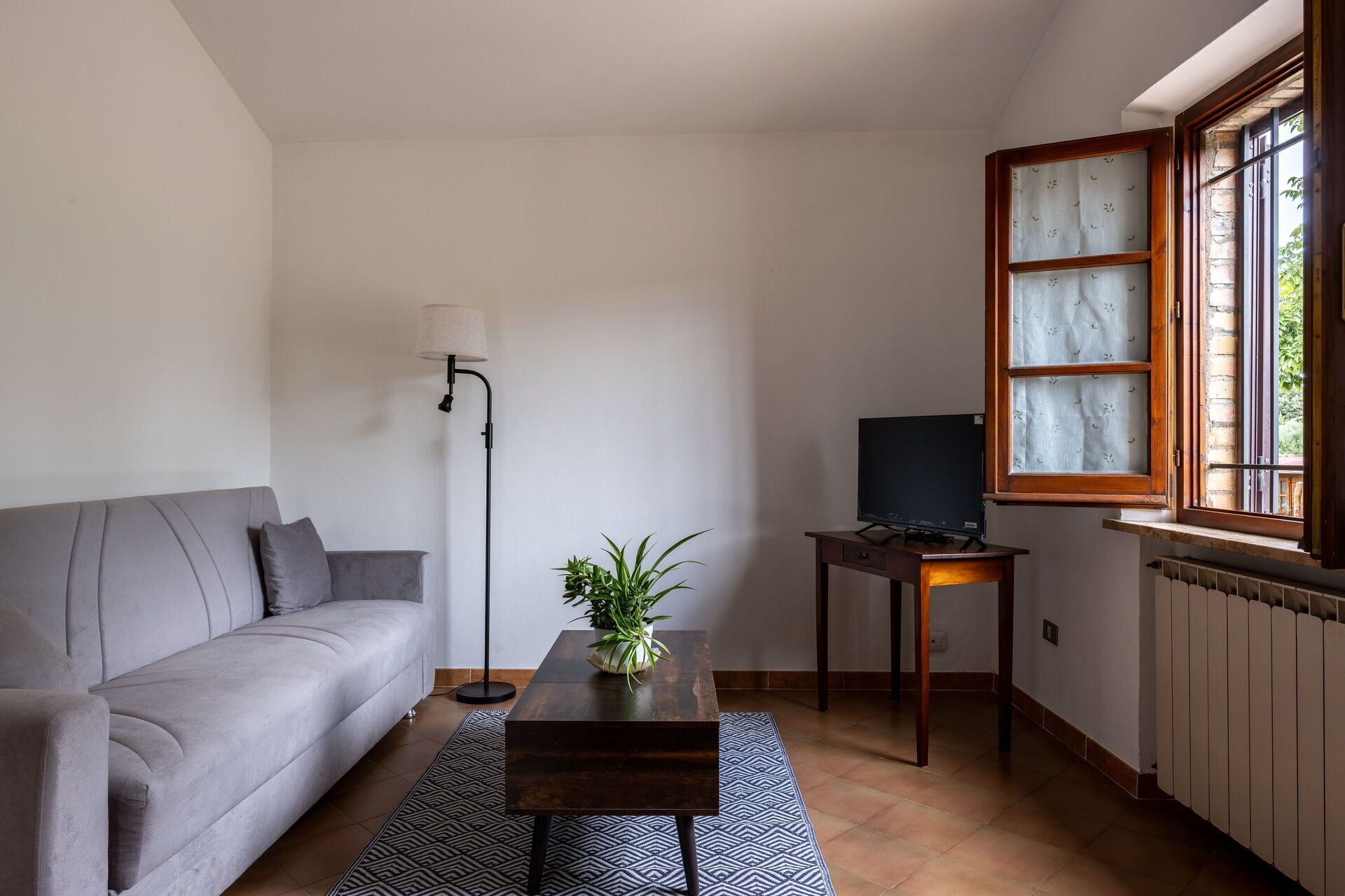 En stue med en grå sofa, et træbord med en plante, en gulvlampe, et fjernsyn på et træskab og et vindue med udsigt til grøn natur.