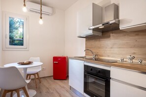 Fridge, oven, stovetop, coffee/tea maker