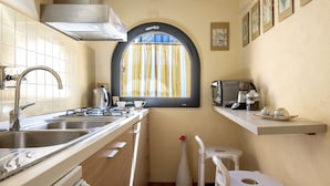 A compact kitchen with a gas stove, a sink, a kettle, and a window with curtains. There are framed botanical prints on the wall and a small shelf with a coffee maker and cups.